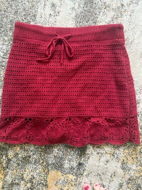 Universal Thread Crochet Knit Swim Coverup Skirt in Deep Red